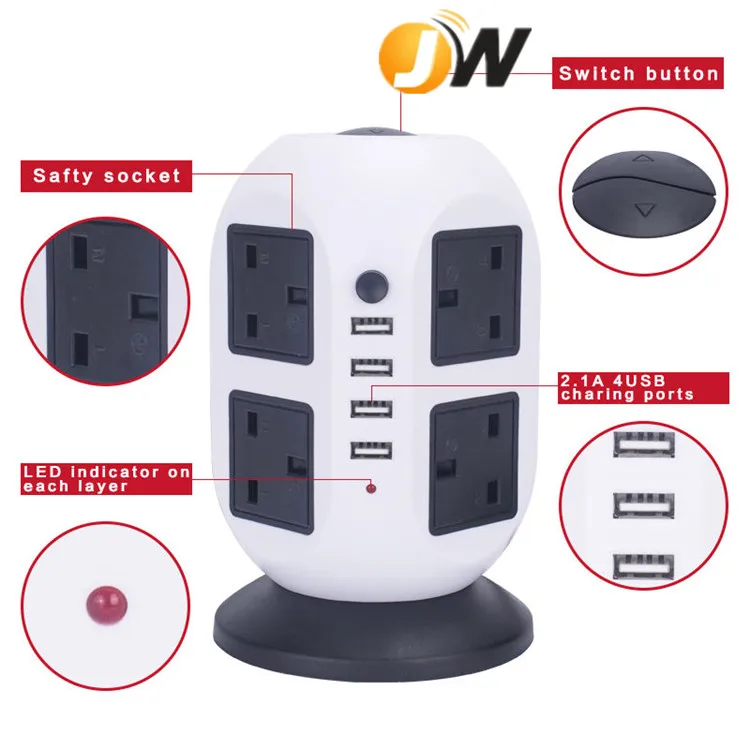 High Quality Three-Pin Plugs + 4 USB Charger Multi Switched Vertical Socket Outlet