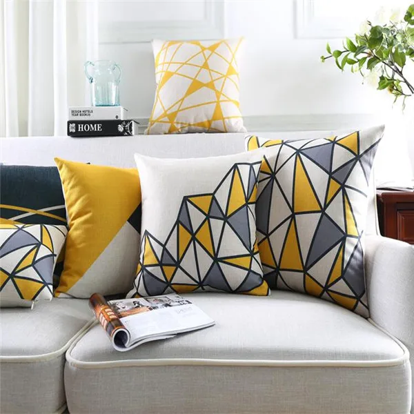 Grey and yellow geometrical velvet printed cushion cover