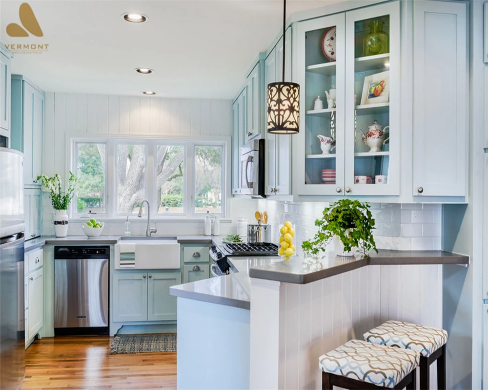 
2018 Hangzhou Vermont Popular kitchen Cabinets Sky Blue Color Lacquer Shaker Kitchen Cabinets MDF Modular Kitchen 