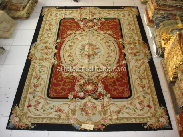 Aubusson china carpet, French style flat weave wool carpet in green color