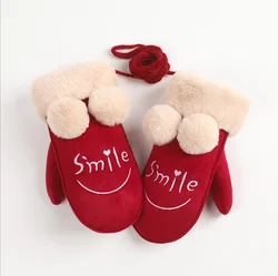 Winter Gloves Fingerless Kids Cartoon Knitted Stretch Warm Suede Fabric Full Finger Mittens Girls Boys Gloves