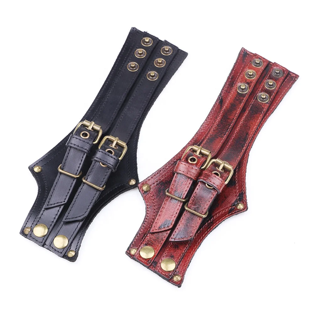 Punk Adjustable Double Buckles Rivets Studded Cuff Bangle Genuine Leather Bracelet Men