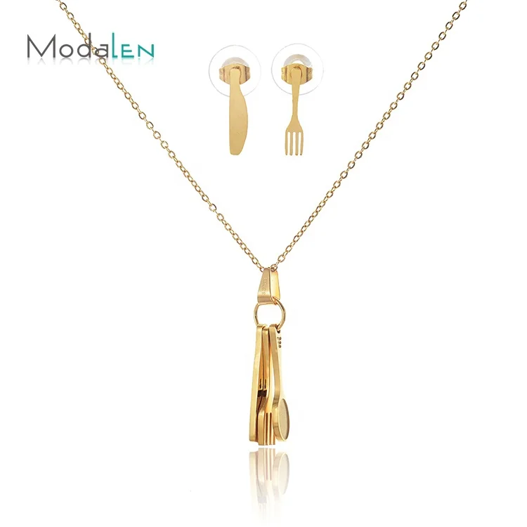 Modalen Italian Gold Jewelry Unique Fashion Pendant Stainless Steel Choker Necklace Set