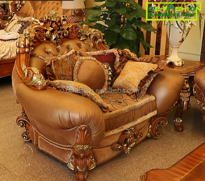 OE-FASHION Luxury Design Hand Carved Home Furniture wooden/Brown Leather Sofa