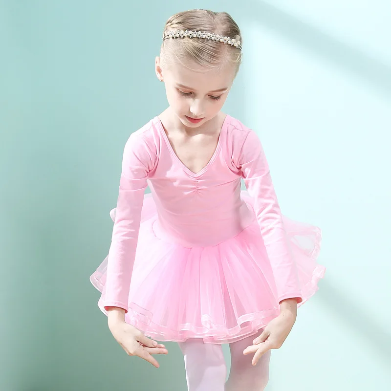 Kids Girls Long Sleeve Ballet Dress for Gymnastics Professional Ballet Tutu Children Costume Ruffle Dress Teen Girls Dance Dress