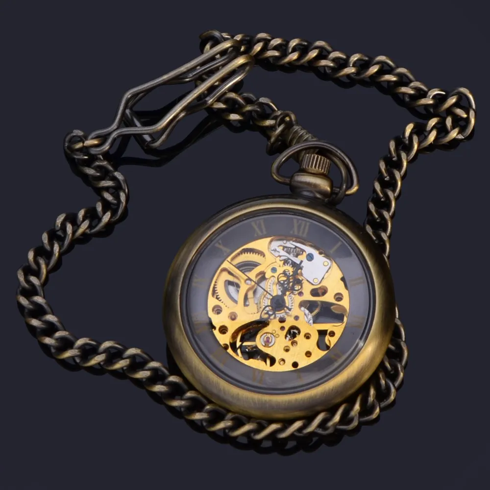 Vintage type mechanical skeleton copper bronze material for men open face Pocket Watch