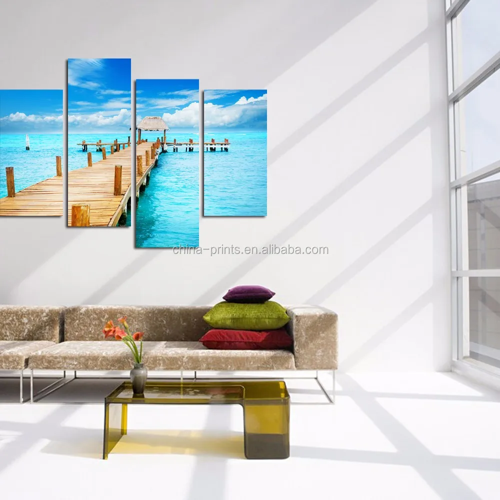 4 Panels Sunny Blue Seascape Wall Art/Wooden Bridge on Sea Canvas Print/Beach Canvas Wall Art