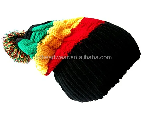 Rasta Beanie Bobble Hat Rasta Colours Black Red Yellow Green Ski Hat Slouch Reggae Hat