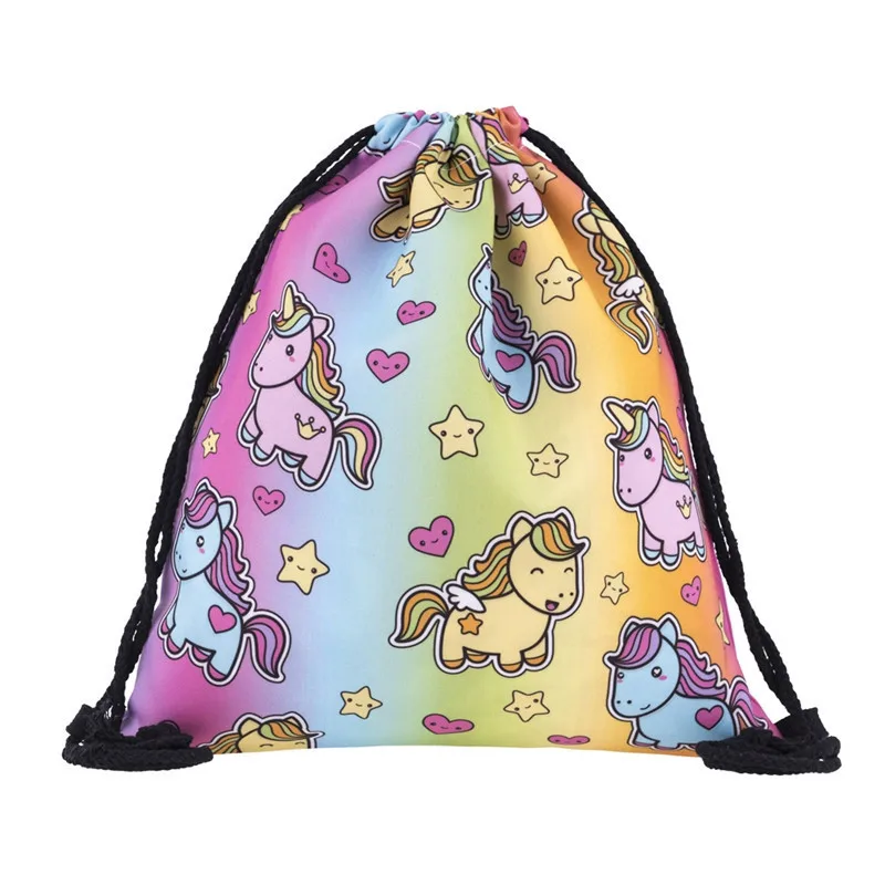 2018 Amazon hot selling Polyester Unicorn Drawstring Bag for girl , wholesale 3D Printing Cute Unicorn Backpack for children