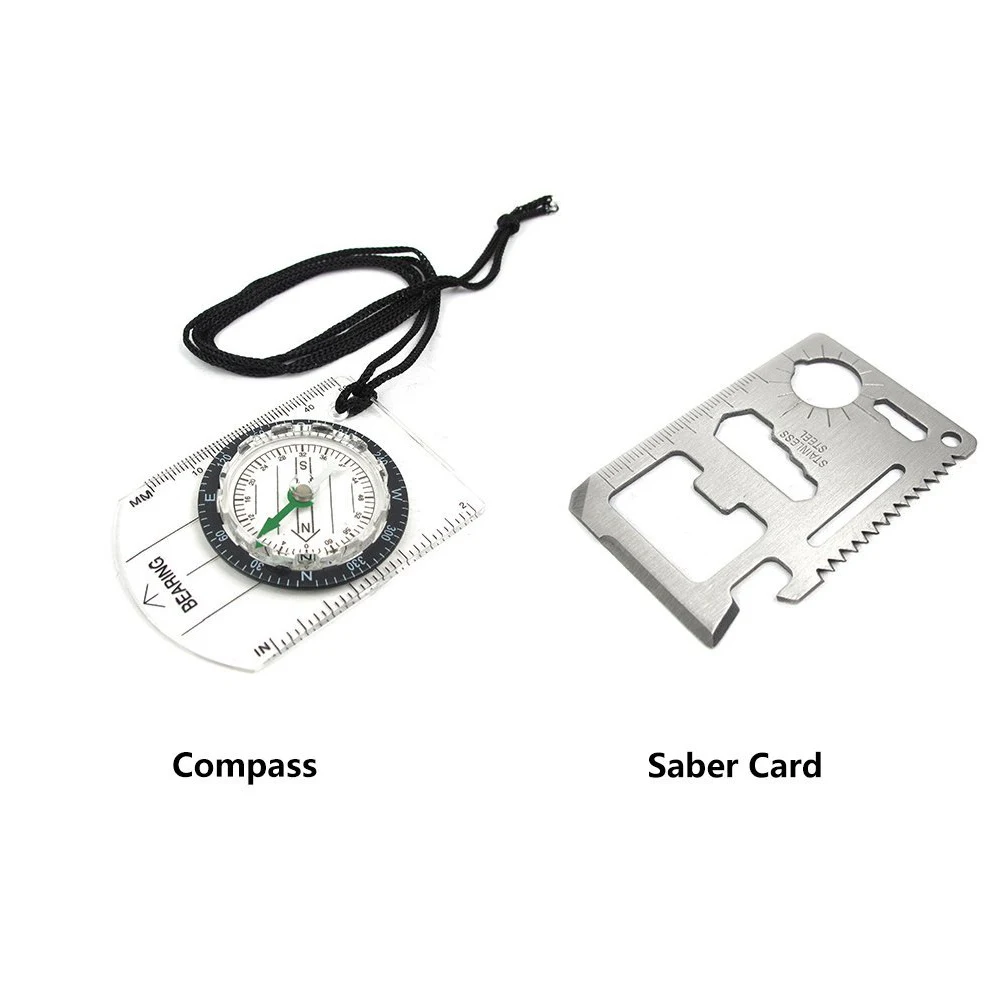 Waterproof camping equipment survival items Survival box with Survival whistle Firestick Multitool card tactical pen big compass