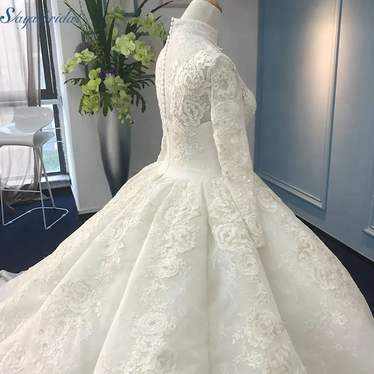 High collar lace patch 150 cm train muslim bridal wedding dress