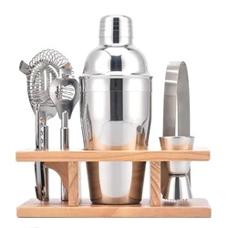 Wood holder 7 pcs hippocampal knife stainless steel cocktail shaker set luxury bartender set
