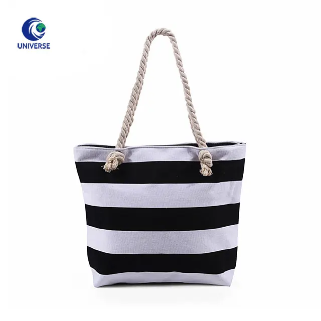 Wholesale Women Thick Striped Fabric Long Strap Big Shoulder Beach Canvas Tote Bag With Rope Handle