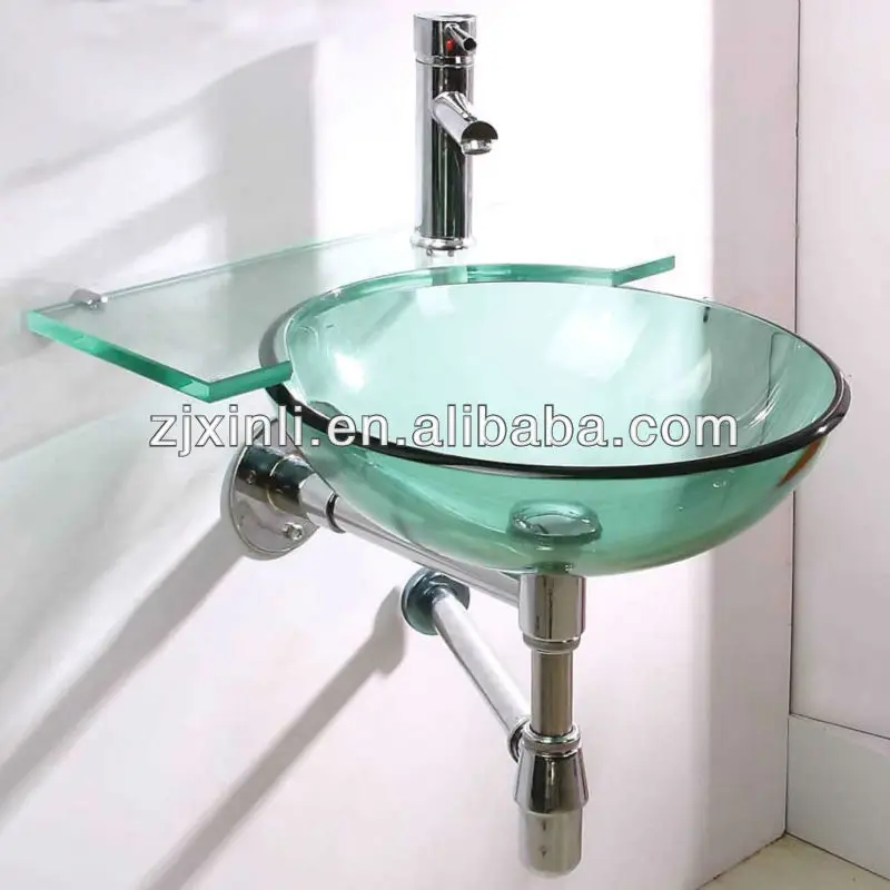 High Quality Tempered Glass Bowl Sink, Transparent Glass with Stainless Steel Holder