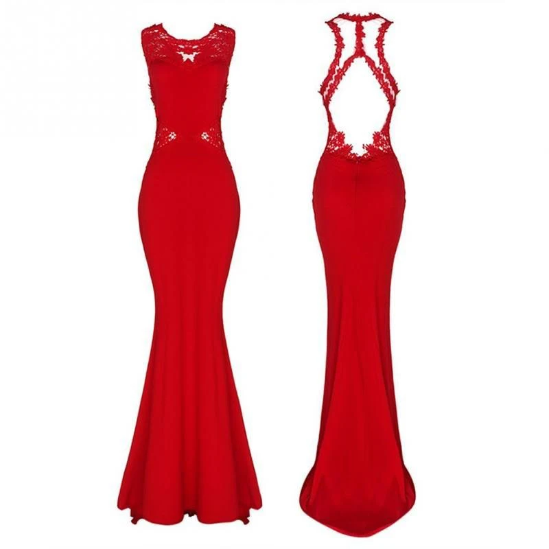 
Euramerican high-end fishtail lace evening dress sexy appliques sleeveless backless dress slim women long skirt 