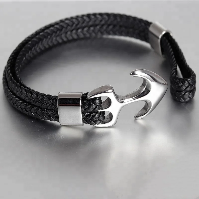 Cheap Handmade Men Leather Anchor Bracelet  Fashion Jewelry Wholesale
