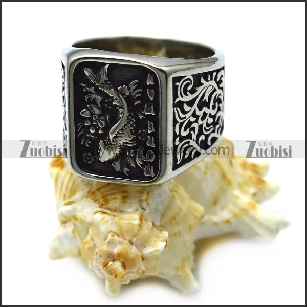 925k Sterling Silver Vintage Jewelry Silver Flower Patterns Carp Blacken Square Signet Ring Stainless Steel Silver Gold Plated
