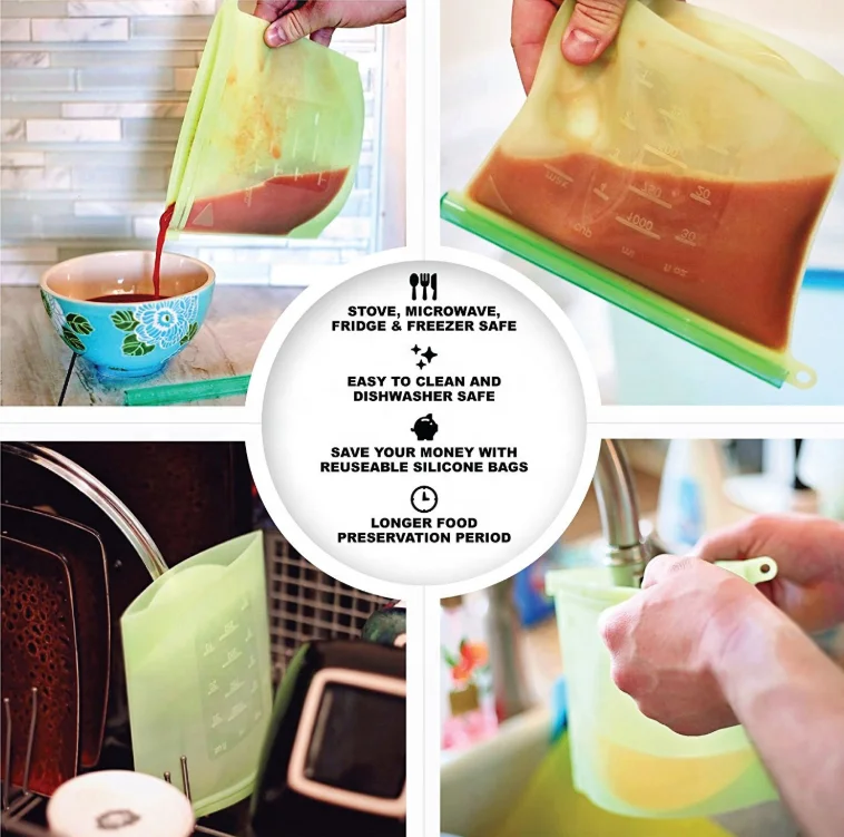 1500ml Zip Lock Bags Holder Vegetable Food Reusable Silicone Food Storage Bag