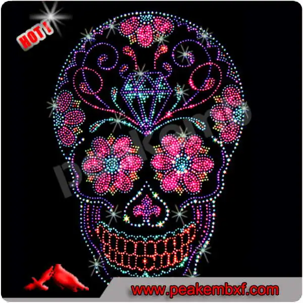 Lead Free Hot Fix Crystal Skull Rhinestone Heat Transfer for Clothing