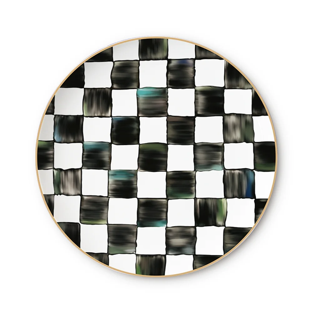 JK Ceramics Shepherd Check Dinner Set Black and White Gold Rim Banquet Plates