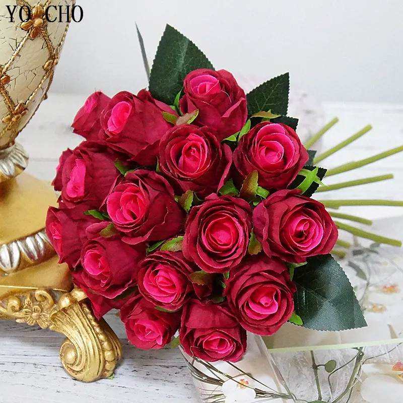 Artificial  wedding flowers home decoration cheap artificial red rose flower high quality silk rose flower bunch rose