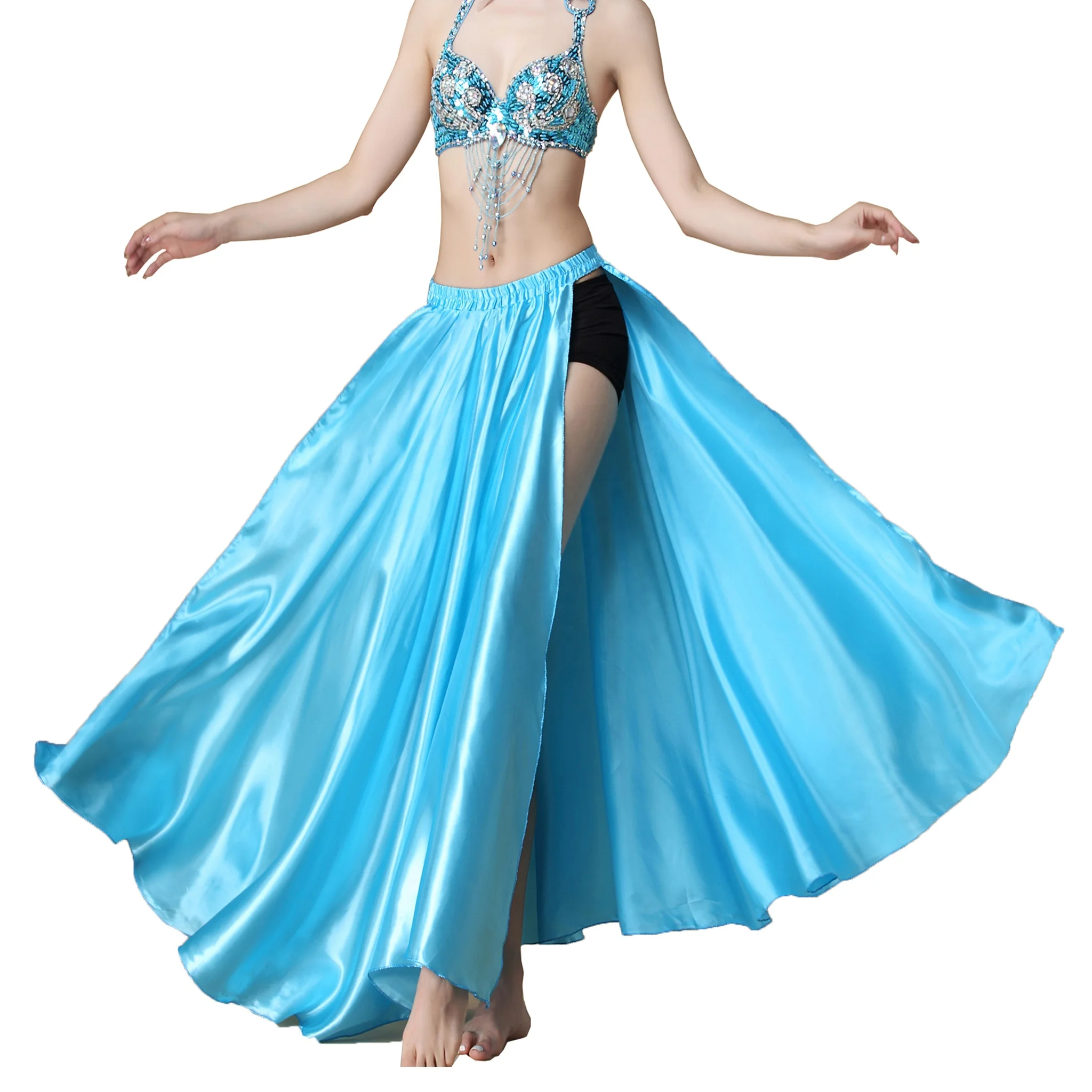 New Bestdance Belly Dance Tribal 2 Sides Slit Satin Skirt Tango Cha Cha Dancing Skirt Costume
