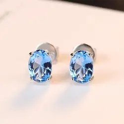 CZCITY Real 925 Sterling Silver Sky Blue Color Topaz Earrings Oval Shape Studs for Ladies Elegant Gemstone Jewelry