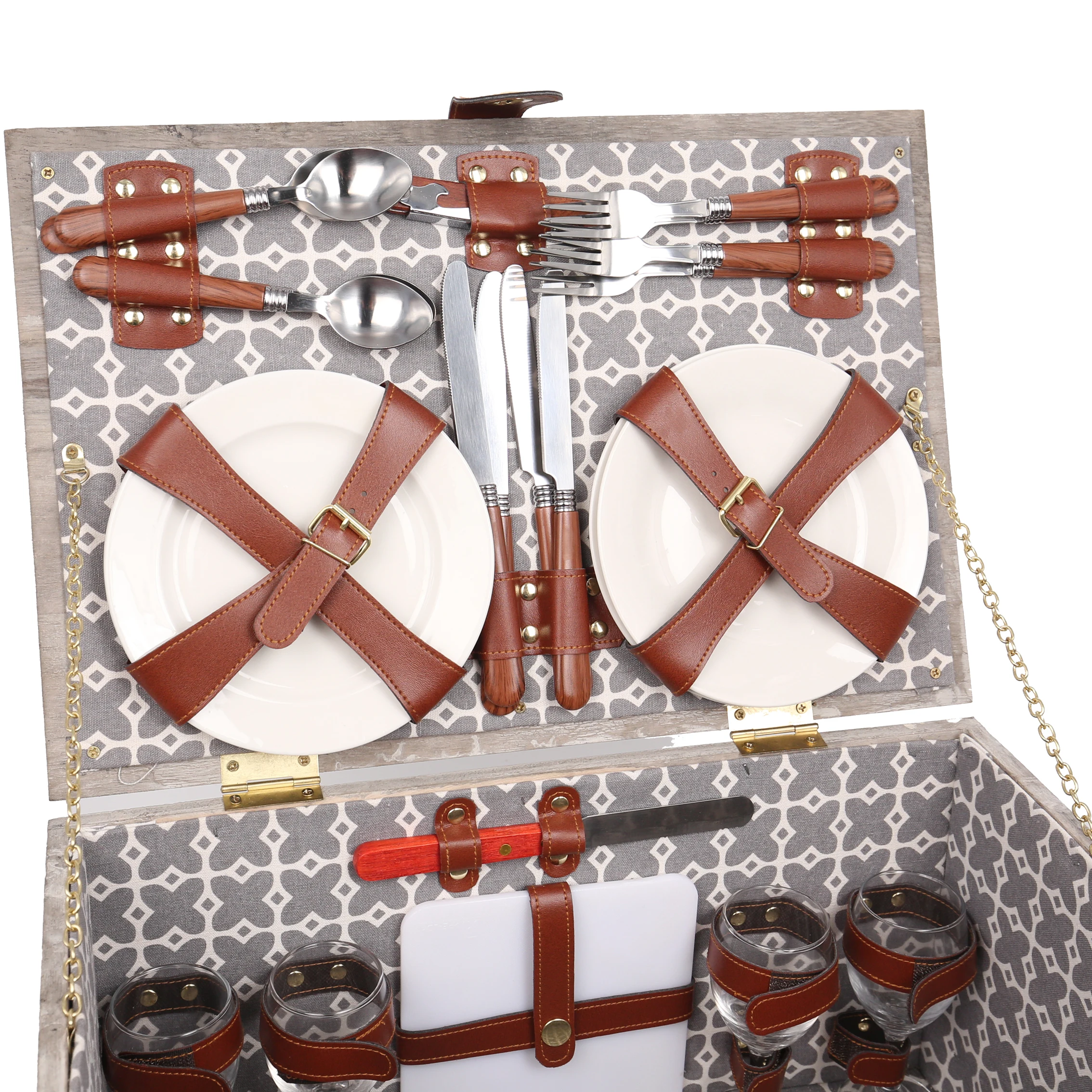 Custom Wooden 4 Person Picnic Storage Baskets For Gifts With Tableware