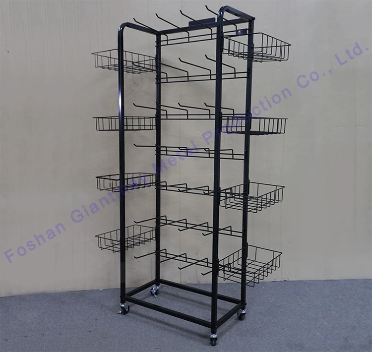 Retail Shop Supermarket Metal Wire Rack Mesh with 8 Baskets Shelf Candy Product Hooks Display Stand