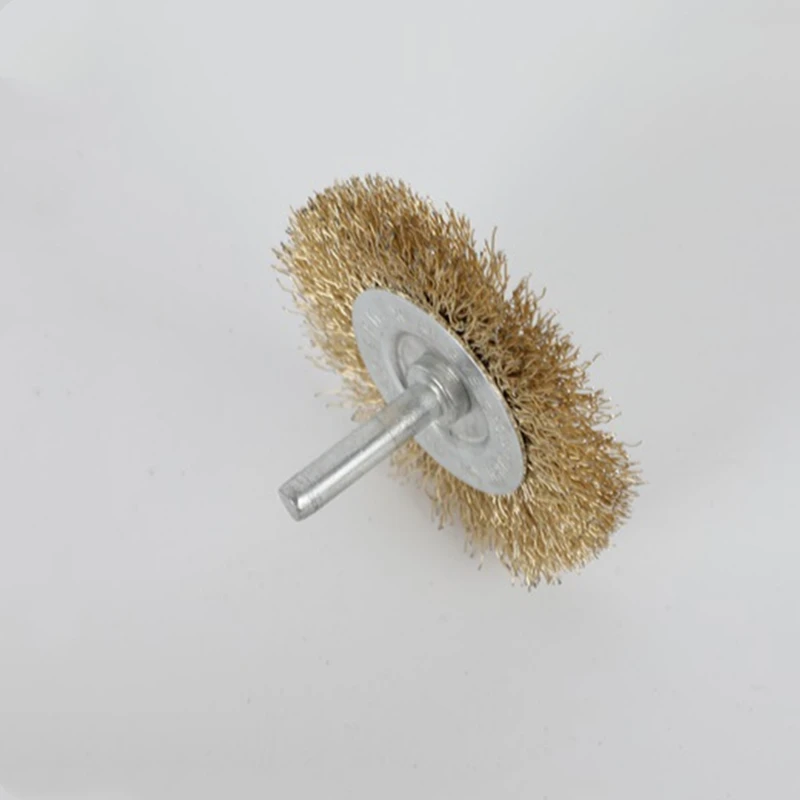Shanghai Wholesale Flat Copper Coated Round Crimped Steel Wire Brush Wheel with 6mm Shaft for
