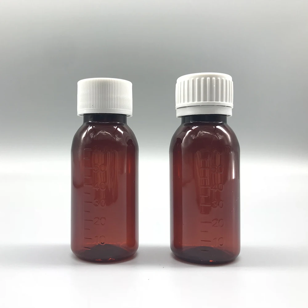 Medical Packaging 60ml amber plastic cough syrup bottle with striped cap