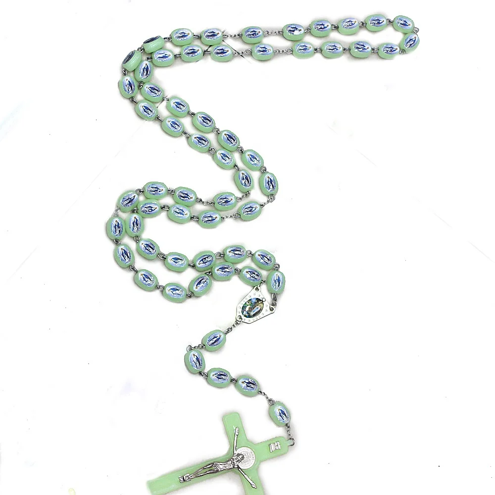 huge plastic Luminous wall rosary cross pendant necklace glow in the dark double sides with our lady of Grace
