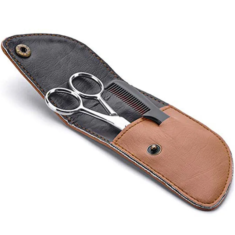 High quality stainless steel beard scissors beard comb in PU leather case