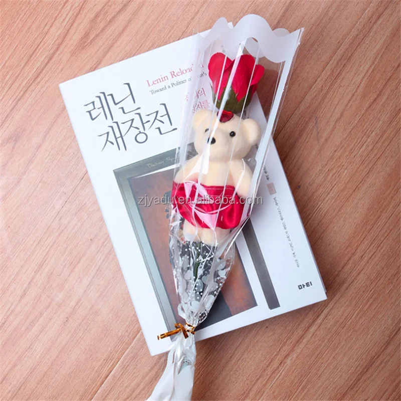 Single fashion plush bear toy for valentine gift mothers day gift soap flower