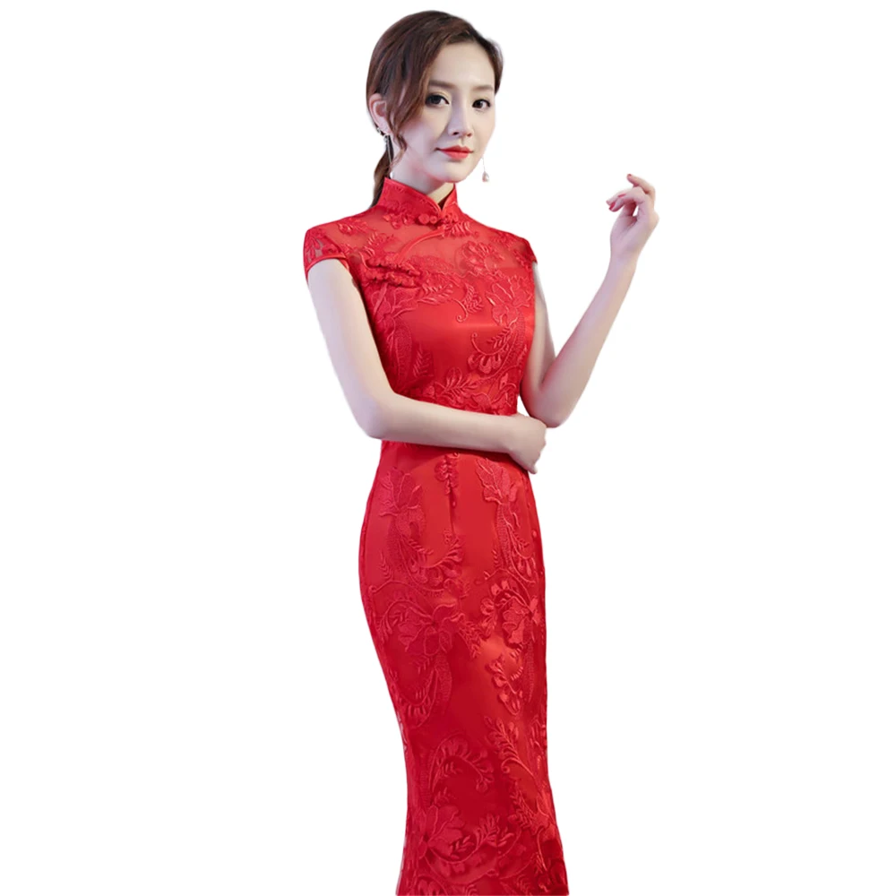 Haofei China custom made High quality traditional embroidered red lace chinese wedding dress