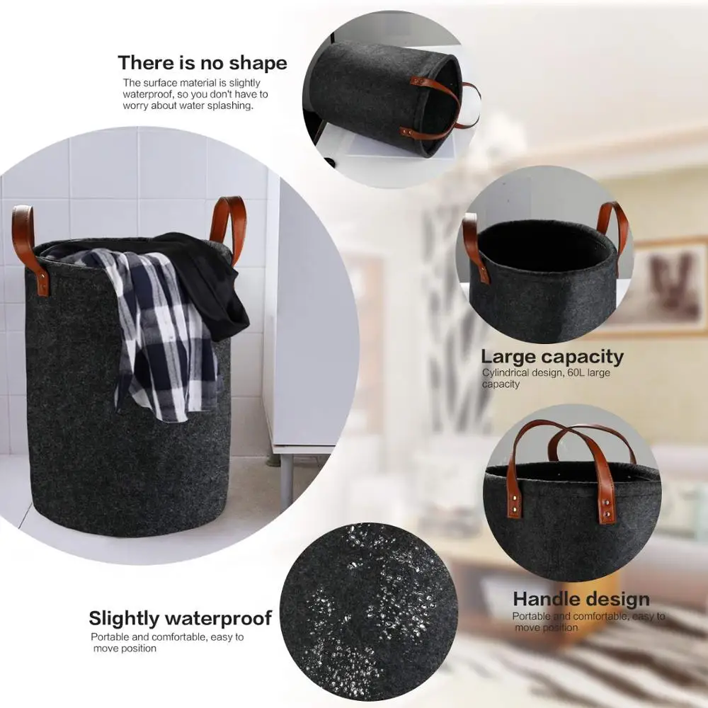 Custom Large Laundry Basket Collapsible Laundry Hamper Foldable Waterproof Storage Basket Round Felt Dirty Clothes with Handles