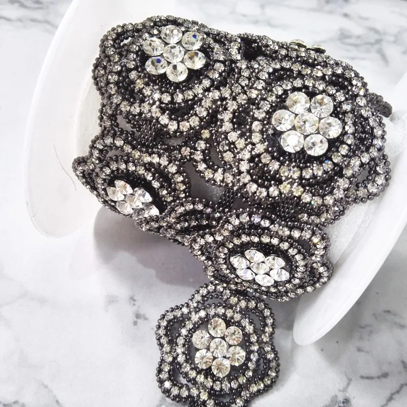 Antique Silver Flower Trim Rhinestone Applique Chain for Garment