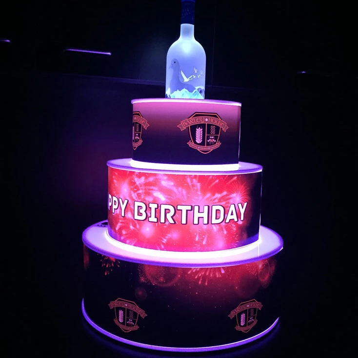 3 Tiers Glowing Wrapped Happy Birthday LED Cake Display Stand with Bottle Presenter Holder for Party Night Club