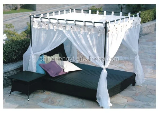Outdoor Wicker Patio Espresso Canopy Bed with Red Cushions by roots