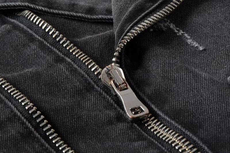 D&S factory dropshipping high street men black cool denim jacket belted distressed zipper jean jacket