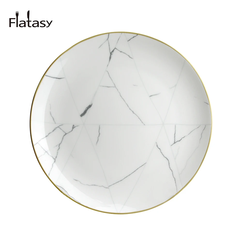 Hot sale wholesale cheap luxury gold rim white marble patterns round ceramics charger plates set for wedding party and hotel