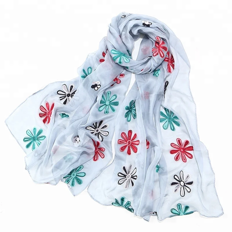 Wholesale Fashion Indian Nepal 2020 Elegant Women Spring Summer Literature And Art Embroidery Flower Silk Scarf Shawl Scarves