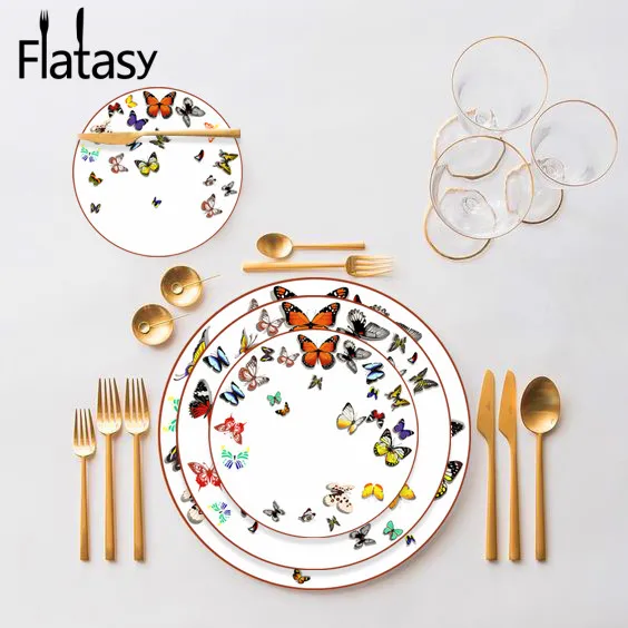 Wholesale rose gold rim custom printed butterfly ceramic plate for wedding