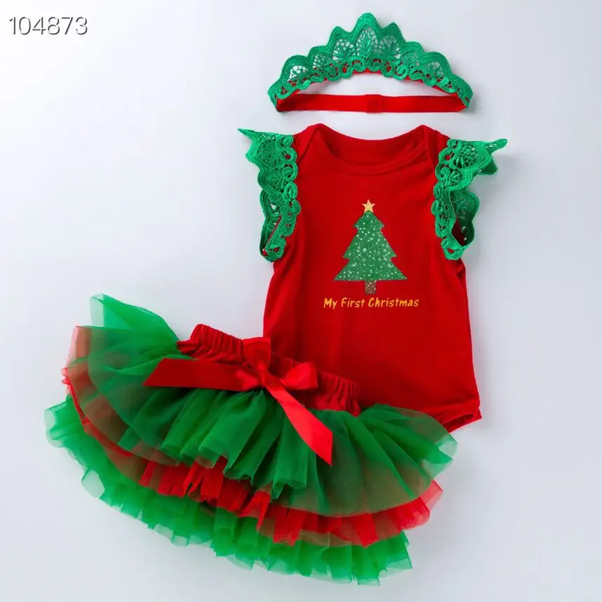 Christmas new 0-2 years old baby sleeveless wings print haber red and green bottoms skirt three-piece suit