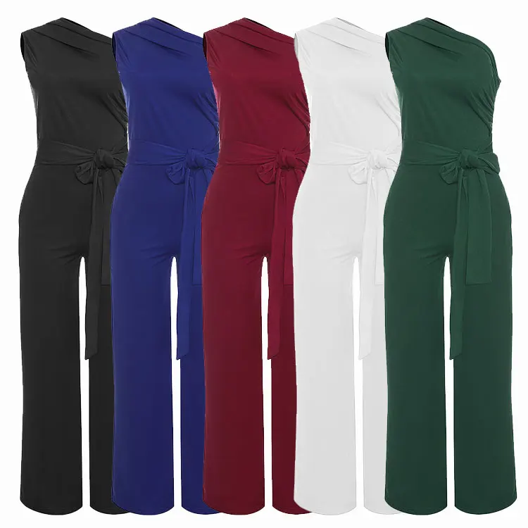
New MM5485 Black Tie Waist Sleeveless One Shoulder Pants Casual Trousers Ladies Vintage Long Jumpsuit 