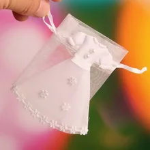 Bebê Chuveiro 7*9 cm Sacos de Organza Projeto Do Vestido de Casamento Sacos Do Favor De Doces Com Cordão 12 pcs