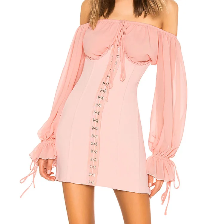 
China manufacturer wholesale off shoulder long sleeve chiffon patchwork sexy pink bodycon dress women bandage dress 