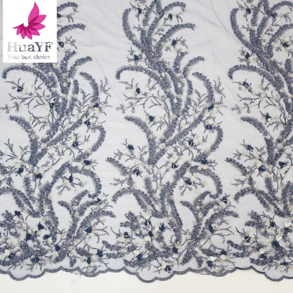 Fancy Nave Blue 3d flower beaded lace sequin Embroidery french net lace for summer evening dress HY1069-6