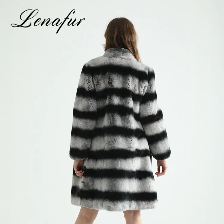 Fashion Custom Made Black Gray Stripe One Whole Leather Real Rabbit Fur Coat for Women