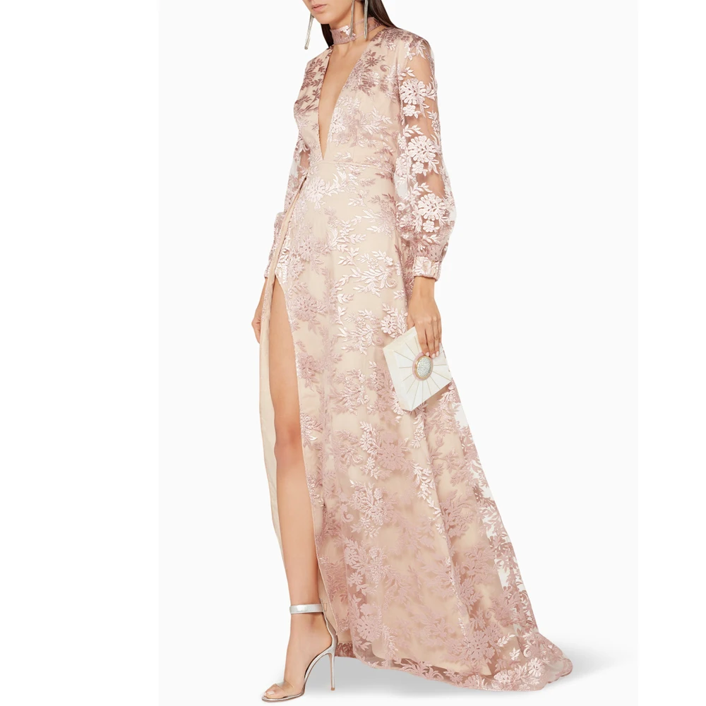 Latest Design Ladies african bazin embroidery evening dress v  neck long sleeve sexy evening dresses